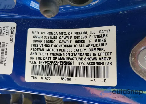 2017 Honda Civic Lx from USA, damaged, VIN 19XFC2F52HE050661